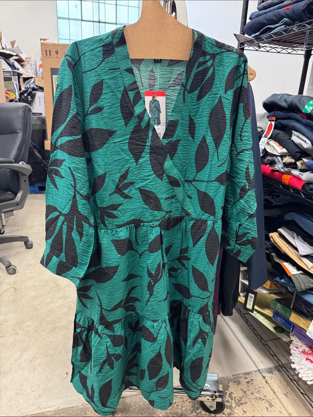 Green Leaf-Print Wrap Midi Dress with Tiered Skirt